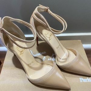 Christian Louboutin Uptown Ankle Double Strap Nude Leather Pump, sz 37 EU/6.5 US